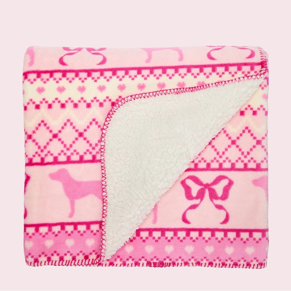 New Love Shack Fancy X Pink collab cozy plush sherpa blanket in pretty fairisle